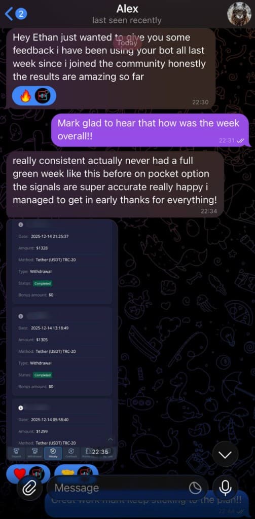 Alex — three consecutive $1,300+ USDT withdrawals after a full green week