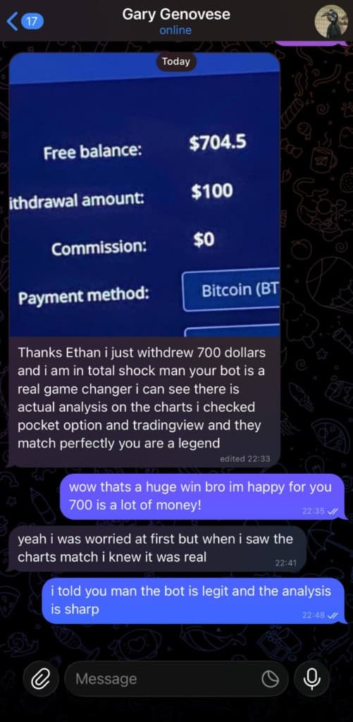 Gary Genovese — withdrew $700 after matching bot analysis with charts