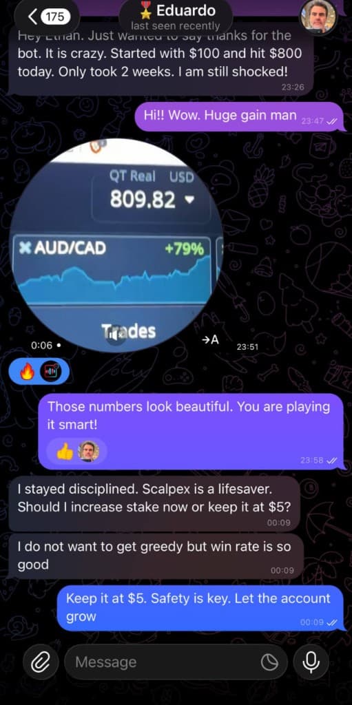 Eduardo — $100 grew to $800 in two weeks with scalpex